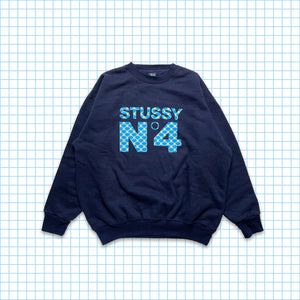 ヴィンテージ Stüssy スカル &amp; クロスボーン モノグラム ミッドナイト ネイビー クルーネック - L