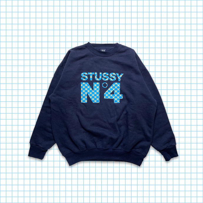 ヴィンテージ Stüssy スカル & クロスボーン モノグラム ミッドナイト ネイビー クルーネック - L