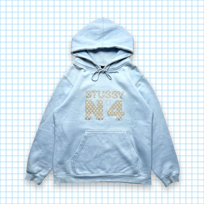 Vintage Stüssy Skull & Crossbones Monogram Baby Blue Hoodie - Medium